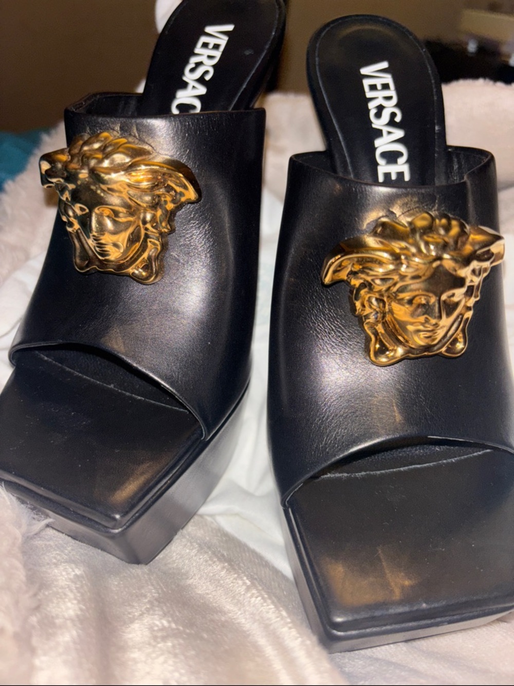 Versace Black Leather Platform Mules with  LARGE Gold Medusa Face